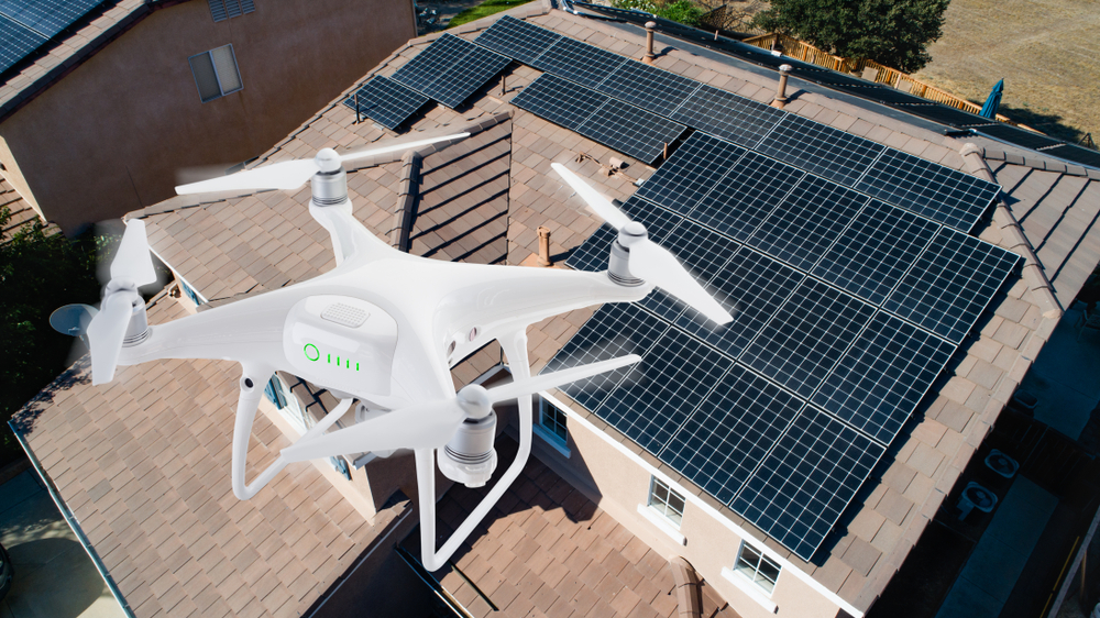 Uav,Drone,Inspecting,Solar,Panels,On,Large,House.
